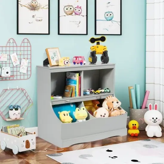 Costway Children's Multi-Functional Bookcase Toy Storage Bin Kids Floor Cabinet GreyWhite image {2}