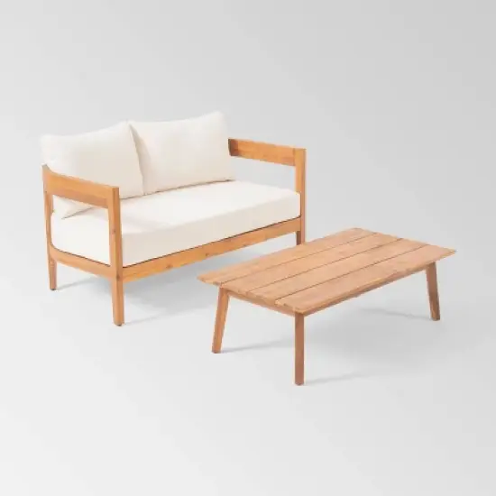 Brooklyn 2pc Acacia Wood Loveseat Set: Outdoor Furniture with Coffee Table - Christopher Knight Home image {1}