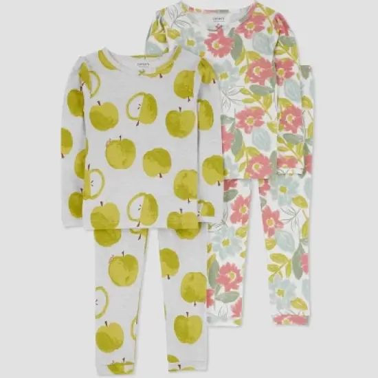 Carter's Just One You&reg; Toddler Girls' Apples and Floral Long Sleeve Pajama Set - Gray/Green image {3}