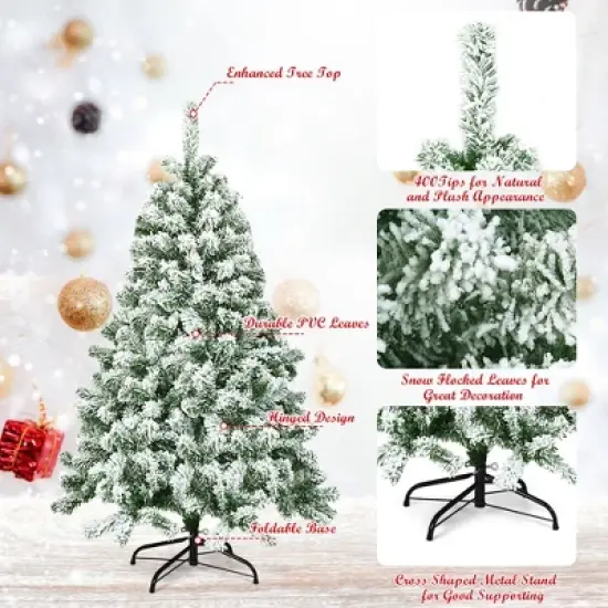 Costway 4.5FT Snow Flocked Artificial Christmas Tree Hinged w/400 Tips and Foldable Base image {7}