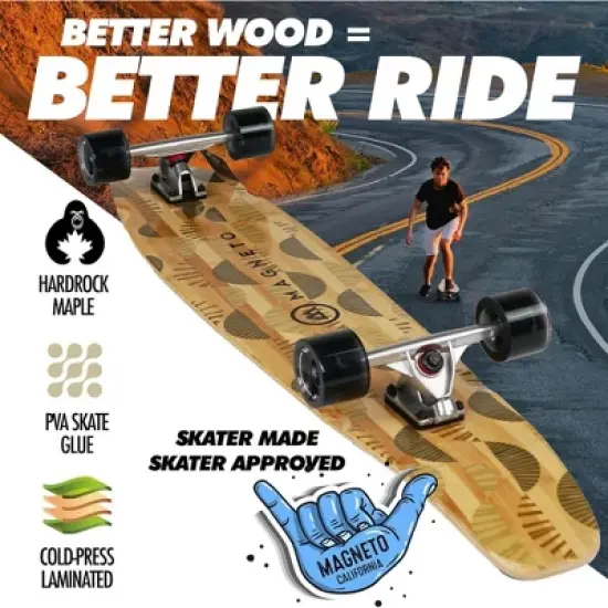 Magneto 44-inch Kicktail Cruiser Longboard Skateboard - Bamboo & Canadian Maple Deck - Commuting, Cruising, Carving (Palm Flats) image {2}