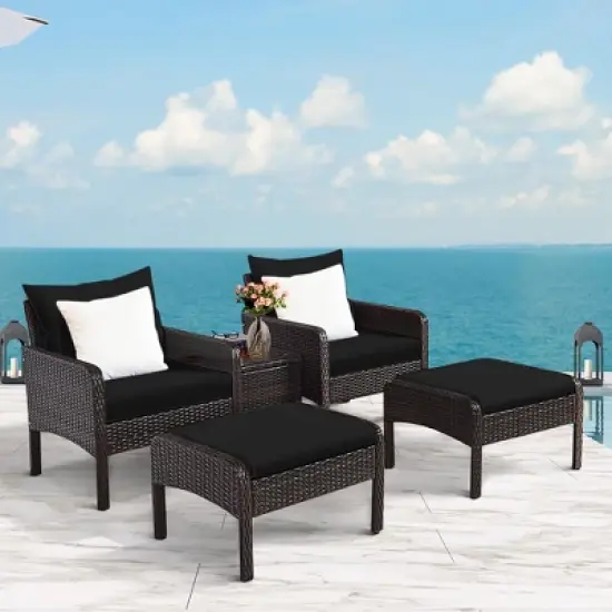 Costway 5 PCS Patio Rattan Wicker Furniture Set Sofa Ottoman Coffee Table Cushioned image {11}