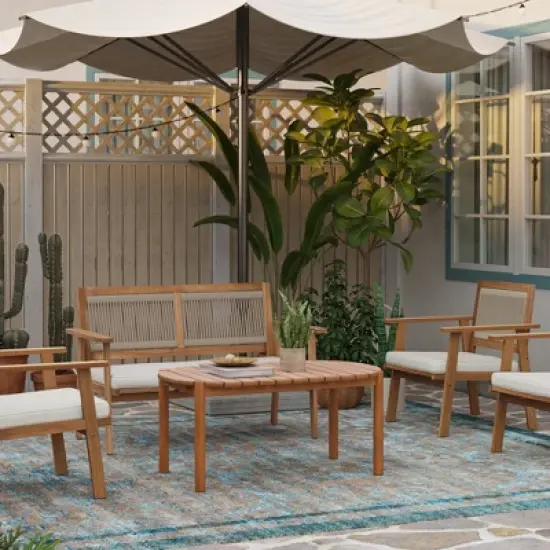 LuxenHome Natural Solid Wood 40-Inch Long Rounded Rectangle Outdoor Coffee Table Brown image {2}