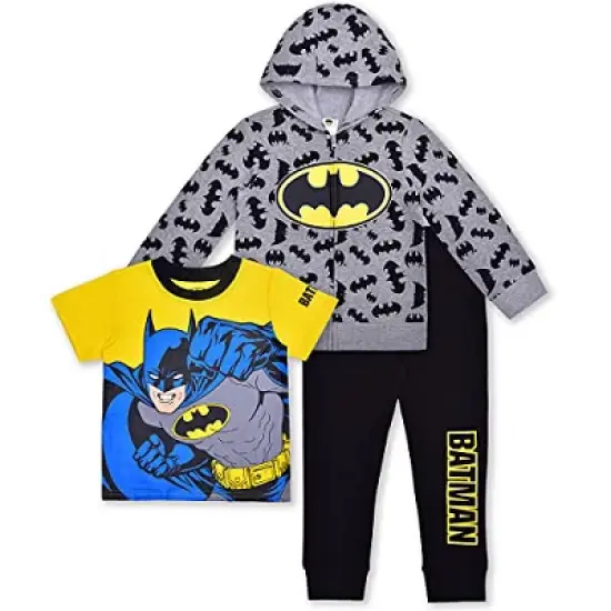 Warner Bros Boy's Batman 3 Pack Casual Active Wear Coordinates, Zip Up Hoodie, Shirt, and Sports Pants Set for toddler image {7}