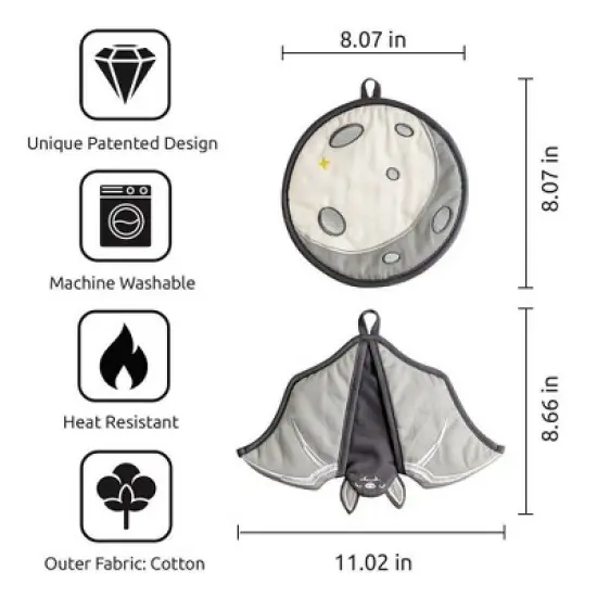 Ototo Batlicious Oven Mitt and Moon Trivet Cotton and Polyester Fabric Kitchen Set Black/Gray image {4}