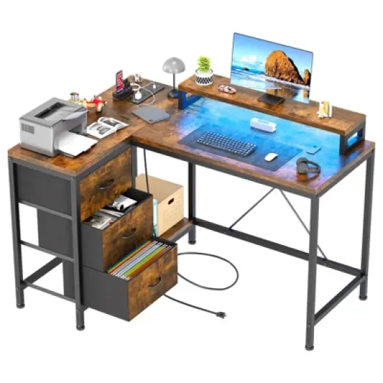 47 Inch Computer Desk, L Shaped Desk with Power Outlets and Led Lights, 3-Drawer Gaming Desk with Storage Shelves and Monitor Stand, Reversible image {10}
