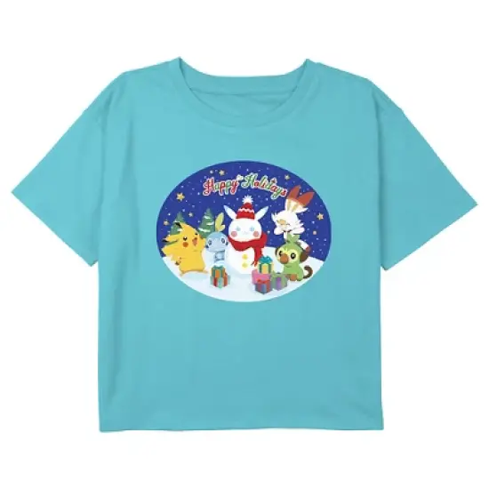 Girl's Pokemon Happy Holidays Snowman Pikachu Crop Top T-Shirt image {2}