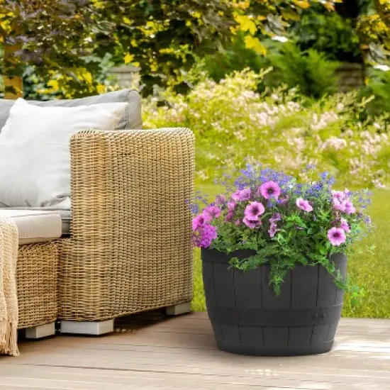 Tierra Verde 2pc Whiskey Barrel Indoor Outdoor Self-Watering Planter Pots Black 23"x15" image {6}