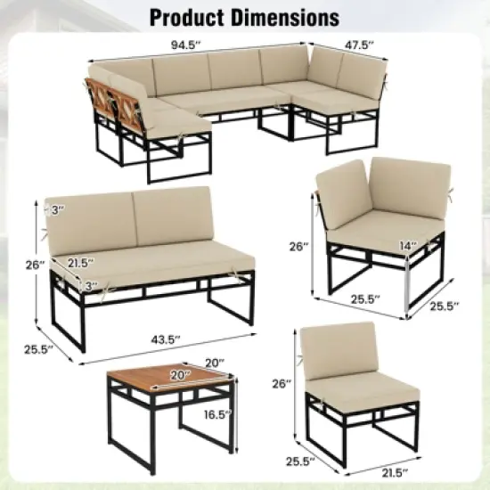 Tangkula Set Of 6 Outdoor Sectional Sofa Set Metal Conversation Set w/Cushions & Bungee Rope Seat Patio Acacia Wood Chair & Coffee Table Set image {4}
