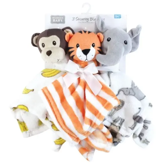 Hudson Baby Animal Face Security Blanket 3-Pack, Modern Safari, One Size image {1}