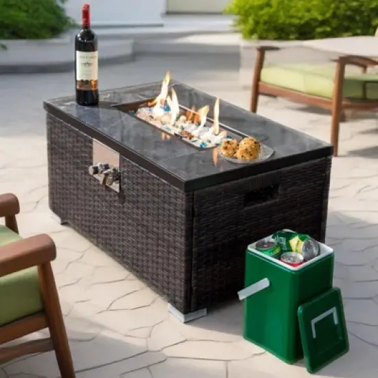 32" Propane Gas Fire Pit Table, 50000 BTU Rectangular Fire Pit, Tile Tabletop with Beautiful Wicker Base for Outside Patio Deck Garden Courtyard-Brown image {2}