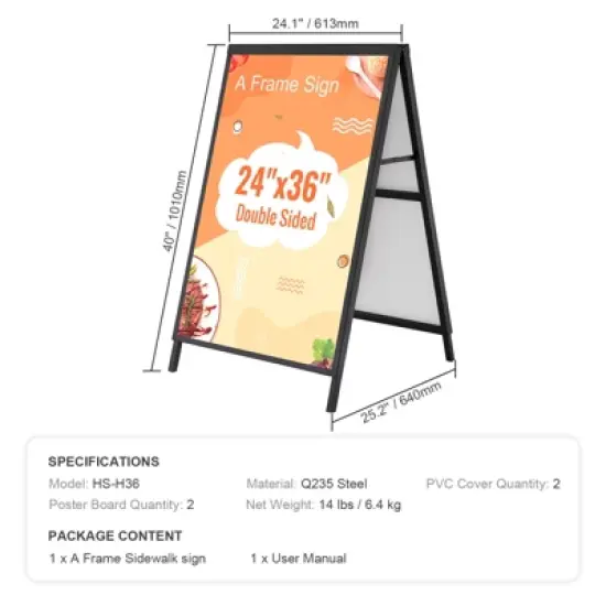 VEVOR A Frame Sidewalk Sign, 24x36 Inch Heavy Duty Slide-in Signboard Holder, Steel Pavement Sign Poster for Outdoor Business Street Advertising image {7}