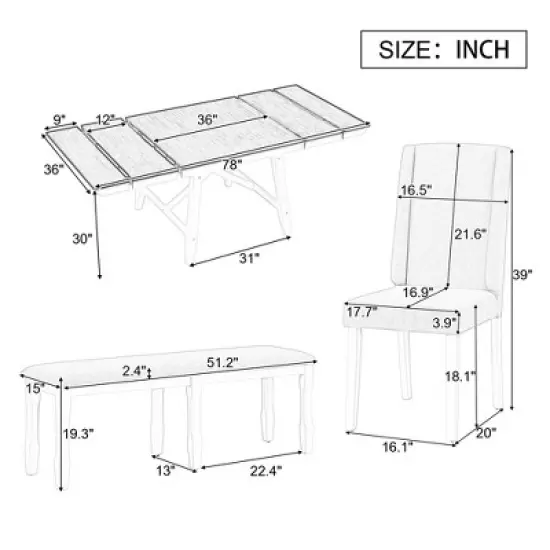 6 PCS Classic Wood Extendable Dining Table Set, Rectangular Table with 4 Upholstered Chairs & Bench, Gray+White-ModernLuxe image {3}