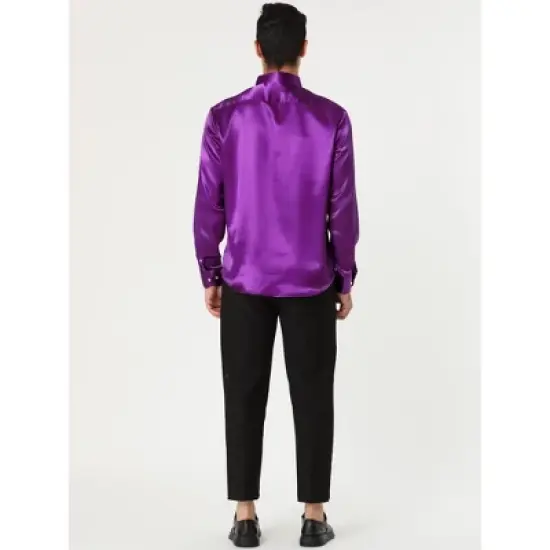 Lars Amadeus Men's Dress Satin V Neck Long Sleeves Button Down Slim Fit Prom Party Shirts image {4}