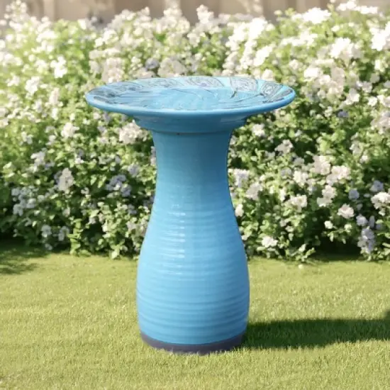 LuxenHome 20" Elegant Tall Ceramic Bird Bath for Outside with Leaf Pattern, Sky Blue image {4}