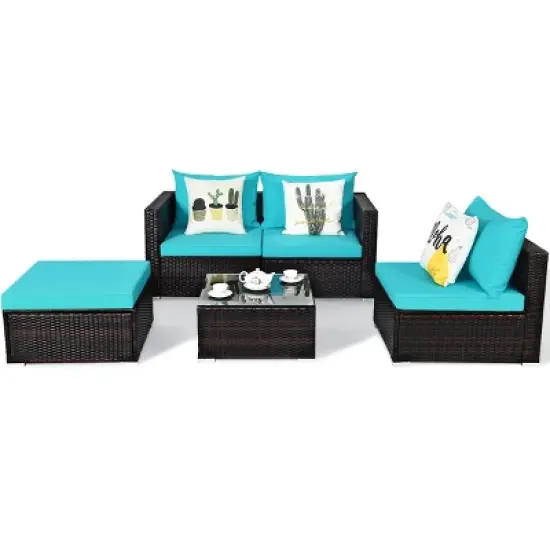 Costway 5PCS Patio Furniture Set Sectional Conversation Sofa Set w/ Coffee Table Blue image {9}