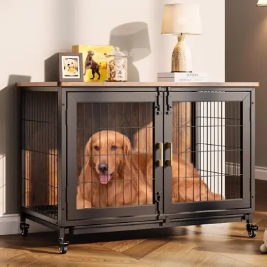 37.5 Inch Dog Kennel Furniture, Heavy Duty Dog Crate Furniture with Wheels, Grid Base, Removable Tray, Latches, Indoor Farmhouse Dog Cage image {8}