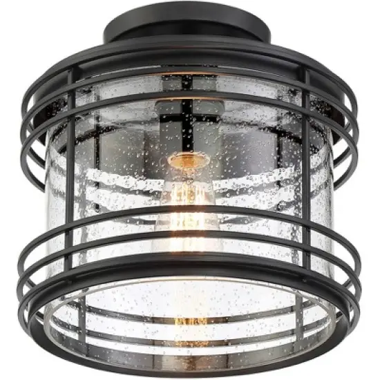 Possini Euro Design Modern Semi Flush Mount Outdoor Ceiling Light Fixture Black Geometric 11" Clear Seedy Glass for Exterior House Porch Patio Deck image {4}