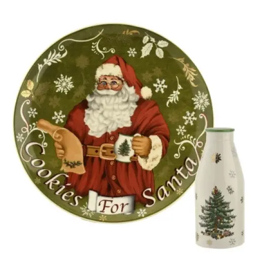 Spode Christmas Tree Plate and Bottle Set (2-Piece) - 8.5" Porcelain "Cookies for Santa" Plate & 10 Oz, Dishwasher Safe Festive Seasonal Gift Set image {7}