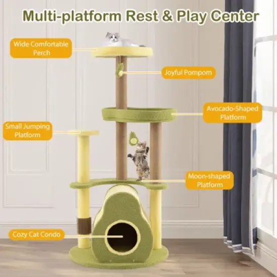 Tangkula Avocado Cat Tree Multi-level Cat Tower w/ Private Condo Cat Self-grooming Brush image {5}