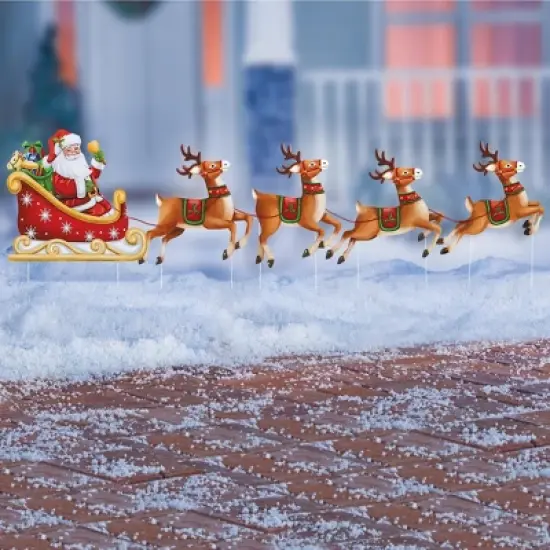 Collections Etc Santa's Sleigh and Reindeer Stakes Outdoor Christmas Decoration image {1}