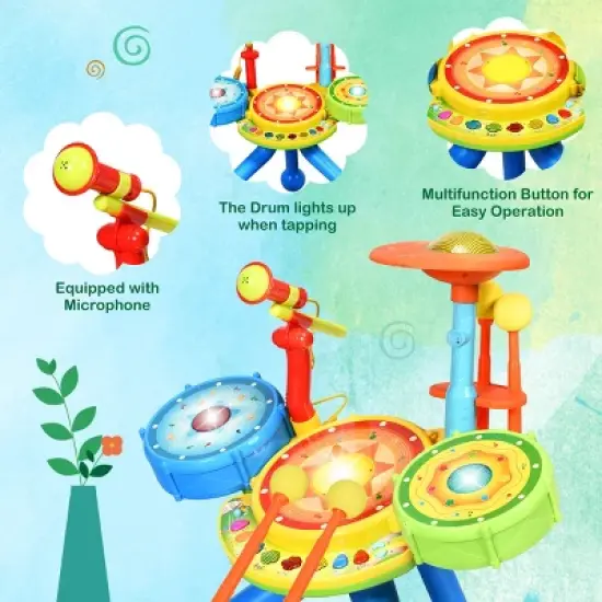 Kids Electric Jazz Drum Set Musical Instrument w/ Stool Mic & LED Light image {6}