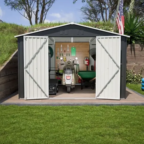 10x10 FT Grey Outdoor Storage Shed Large Metal Tool Sheds with Updated Frame Structure and Lockable Doors Garden Shed image {7}