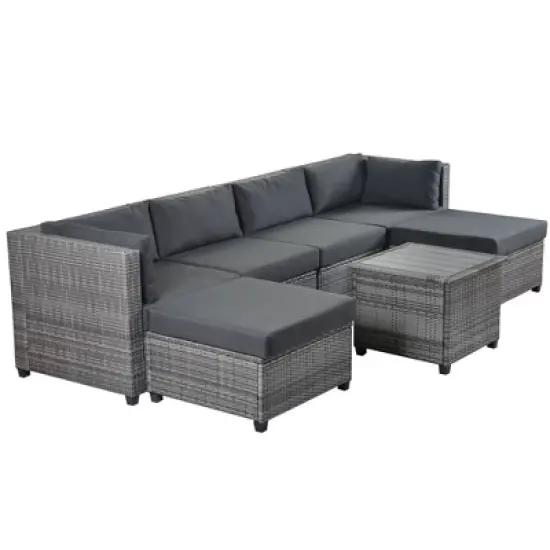 7pc Outdoor Set with Rattan Sofa & Cushions - Gray - GODEER image {2}