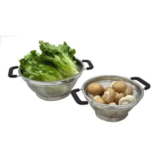SAMMART Set of 2 Stainless Steel Mesh Colander with Black Silicone Handle - Strainer for Pasta, Noodle and Fruits image {2}