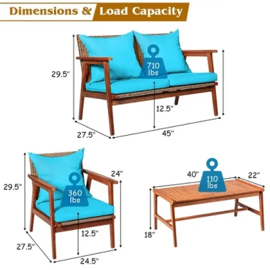 Costway 4PCS Patio Rattan Furniture Set Acacia Wood Frame Cushioned Sofa Chair Turquoise image {6}