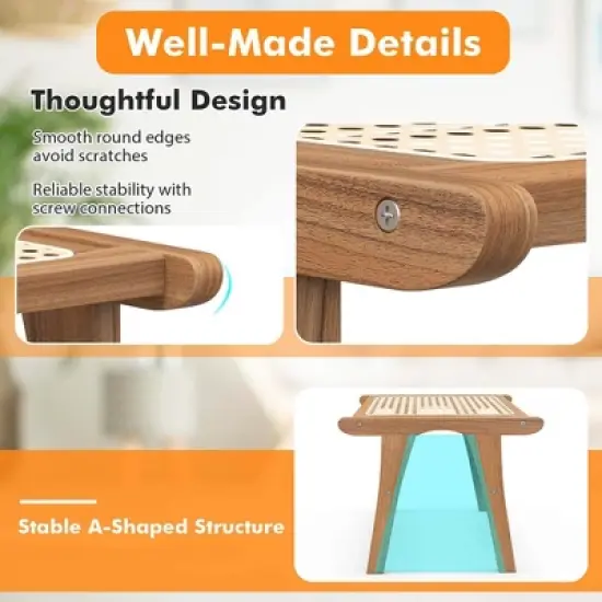 Costway 1/2 PCS Ottoman Footstool Natural Teak Wooden Foot Rest with Handwoven Rattan Indoor image {4}