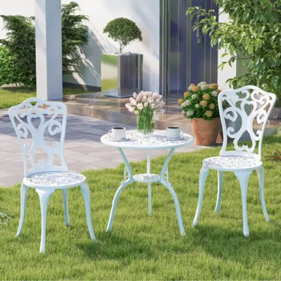 Costway 3 PCS Patio Bistro Set with Umbrella Holes Outdoor Bistro Set for Front Porch White/Green image {9}