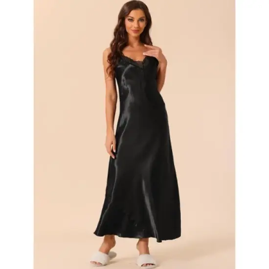 cheibear Women's Sleeveless Camisole V Neck Sleepwear Lace Trim Lounge Maxi Pajamas Nightgowns image {1}