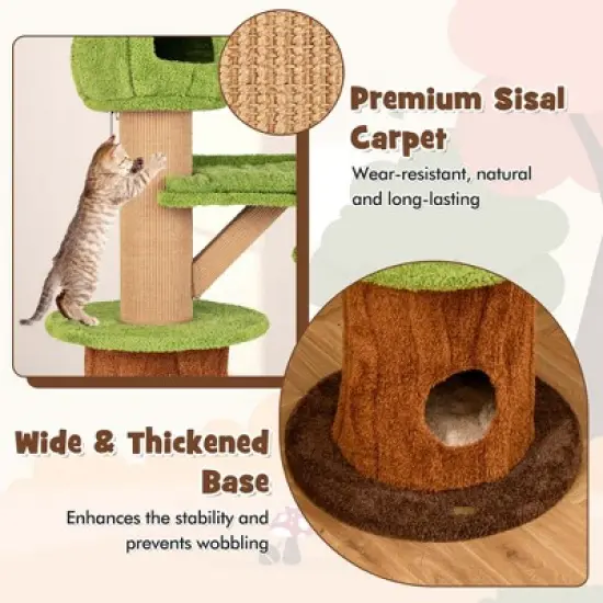 Costway 58" Mushroom Cat Tree for Indoor Cats with 2 Cute Condos Plush Perch Teasing Balls image {8}
