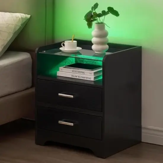 Nightstand with LED Lights and 2 Storage Drawers image {7}