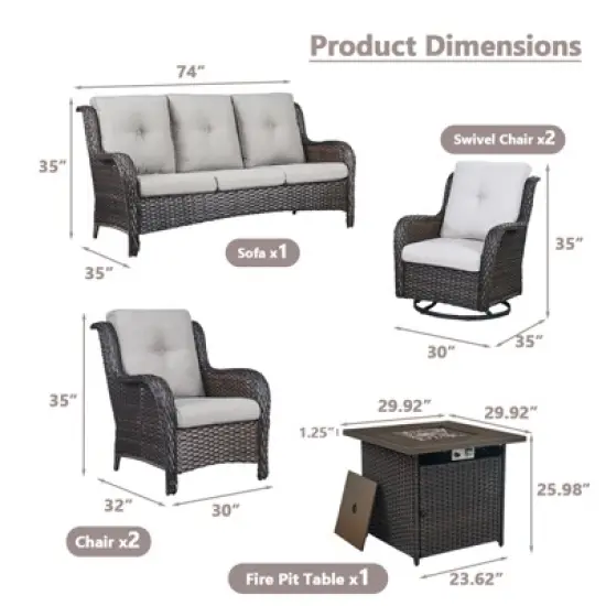 6 Pieces Wicker Patio Furniture Set with Propane Fire Pit Table, All Weather Wicker Patio Set with Square Fire Pit Table and Swivel Patio Chair image {13}