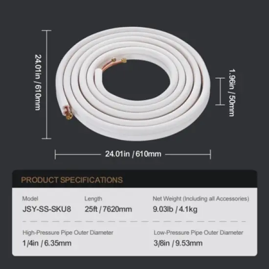 VEVOR 25FT Mini Split Line Set,1/4" & 3/8" O.D Copper Pipes Tubing and Triple-Layer Insulation,for Air Conditioning or Heating Pump Equipment, White image {7}