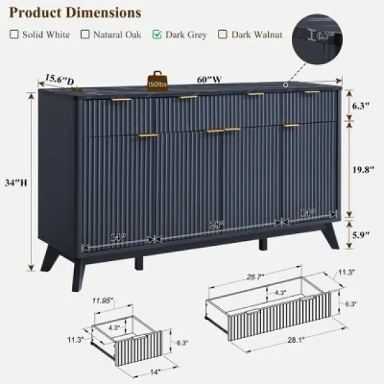 60" Buffet Sideboard Cabinet, Fluted Coffee Bar Table with 3 Drawers & 4 Doors, Modern Sideboard for Dining Room, Living Room image {3}