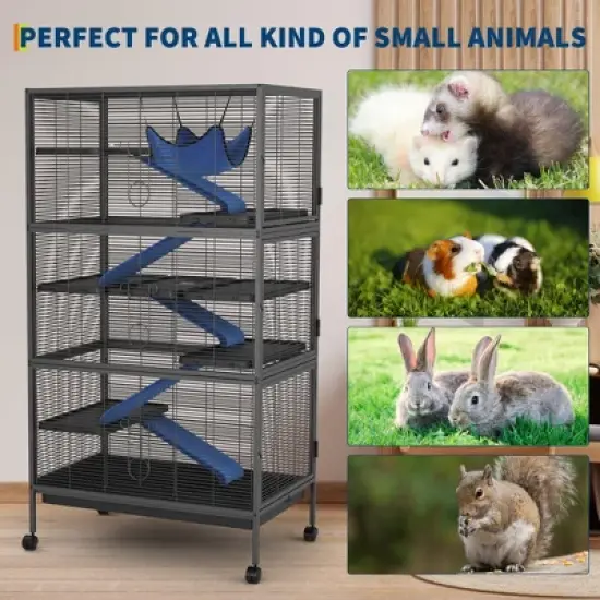 59" 6-Tier Small Animal Cage - Rolling Critter Nation Habitat for Ferrets/Chinchillas/Rabbits w/Ramps & Platforms, Black image {4}