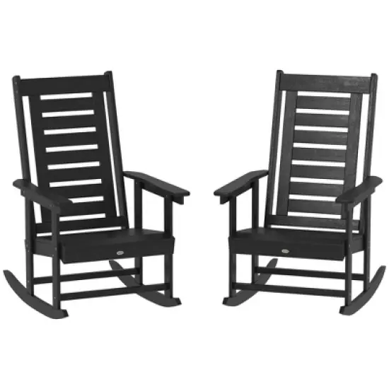 Outsunny Outdoor Rocking Chairs Set of 2, HDPE Patio Rockers with 28" High Back, Wide Armrests and Slatted Seat for Porch Backyard Balcony image {6}