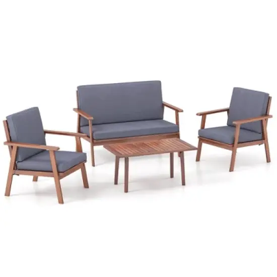 Costway 4 PCS Patio Conversation Set Acacia Wood Sofa Coffee Table with Cushioned Seat image {9}