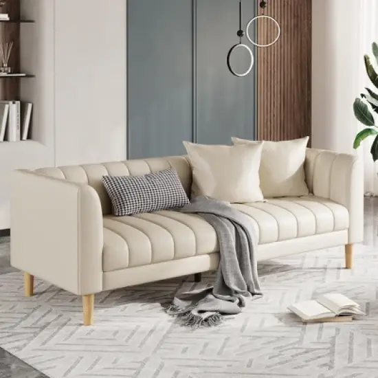 Faux Leather Sofa Couch, Modern 78" W Sofa with Deep Seats, 3 Seater Sofa Couch with 2 Throw Pillows and Wood Legs image {7}