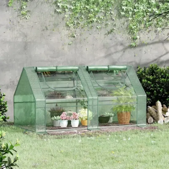 Outsunny 6' x 3' x 3' Portable Greenhouse, Garden Hot House with Two PE/PVC Covers, Steel Frame and 2 Roll Up Windows, Green image {2}