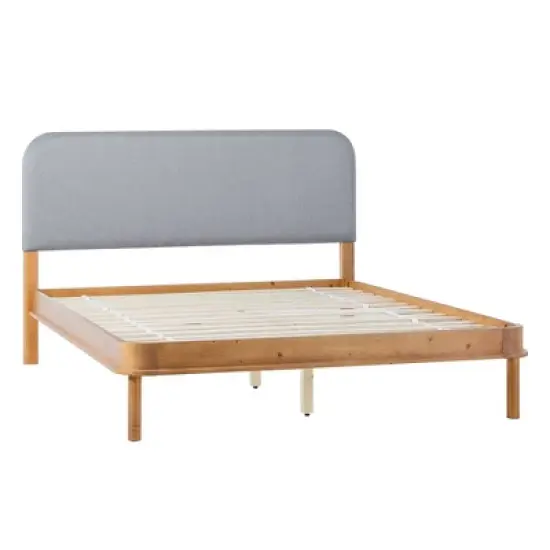 Saracina Home Contemporary Solid Wood and Curved Fabric Headboard Bed English Oak/Gray image {6}