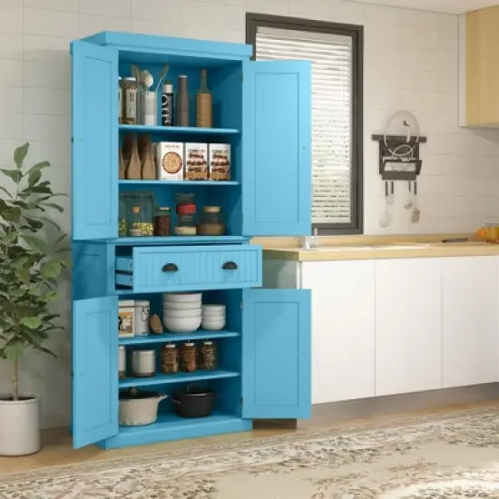 Gulches Traditional 72"H Kitchen Pantry Cabinet - Freestanding, 4 Doors, 1 Drawer, 3 Adjustable Shelves, Light Blue, 30"W x16"D image {2}