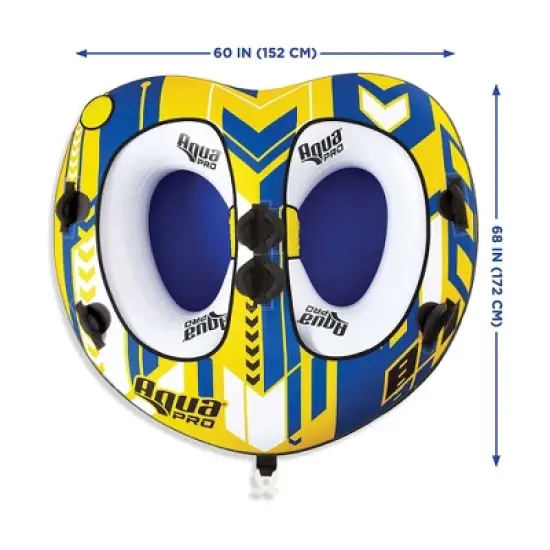 AquaPro 65 Inch Heavy Duty Double Stitched Nylon Deck Style Water Towable 2 Person Rider Tube with Quick Rope Connection, Yellow and Blue image {3}