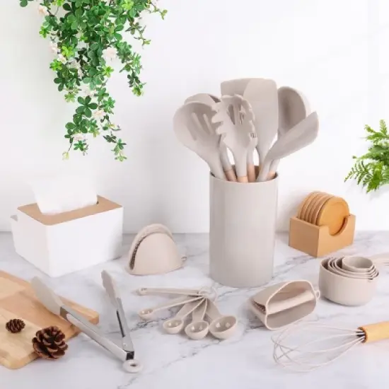 Itopfox 24 Pcs Kitchen Cooking Utensils Set, Heat Resistant Non-Stick Silicone Kitchen Utensil Set With Wooden Handles and Holder, Kitchen Gadgets image {1}