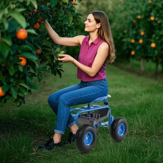 Costway Garden Cart Patio Wagon Roll Work Seat with Tray Basket Extendable Handle Blue/Red/Green image {1}