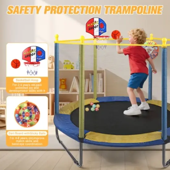 SUGIFT 60'' Kids Trampoline with Safety Enclosure Net, Basketball Hoop & Dartboard, Indoor Outdoor Toddler Trampoline image {6}