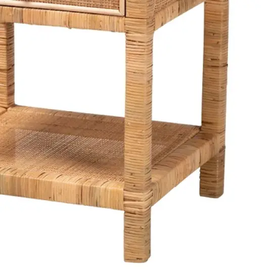 Adelia Natural Rattan & Mahogany 1 Drawer Nightstand with Shelf - Baxton Studio image {6}